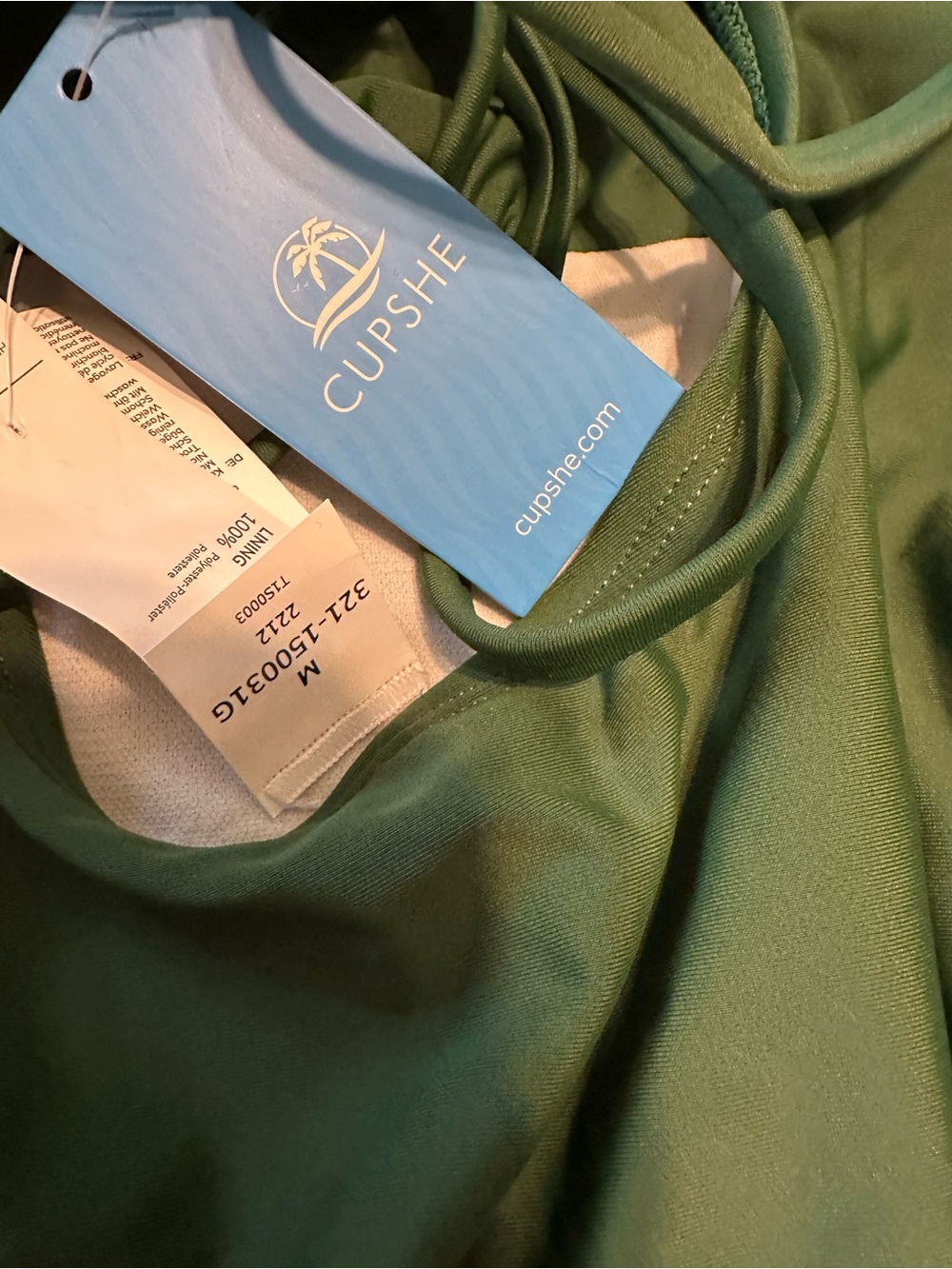 Cupshe Dark Green One-Piece Swimsuit w/High Cut Out Neck and Rusched Sides - Picture 6 of 6